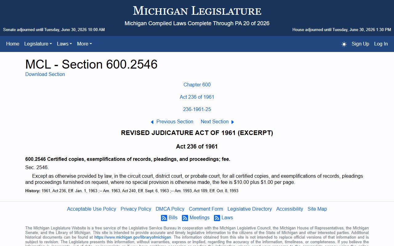 Livingston County criminal court records certification and copy fee statute