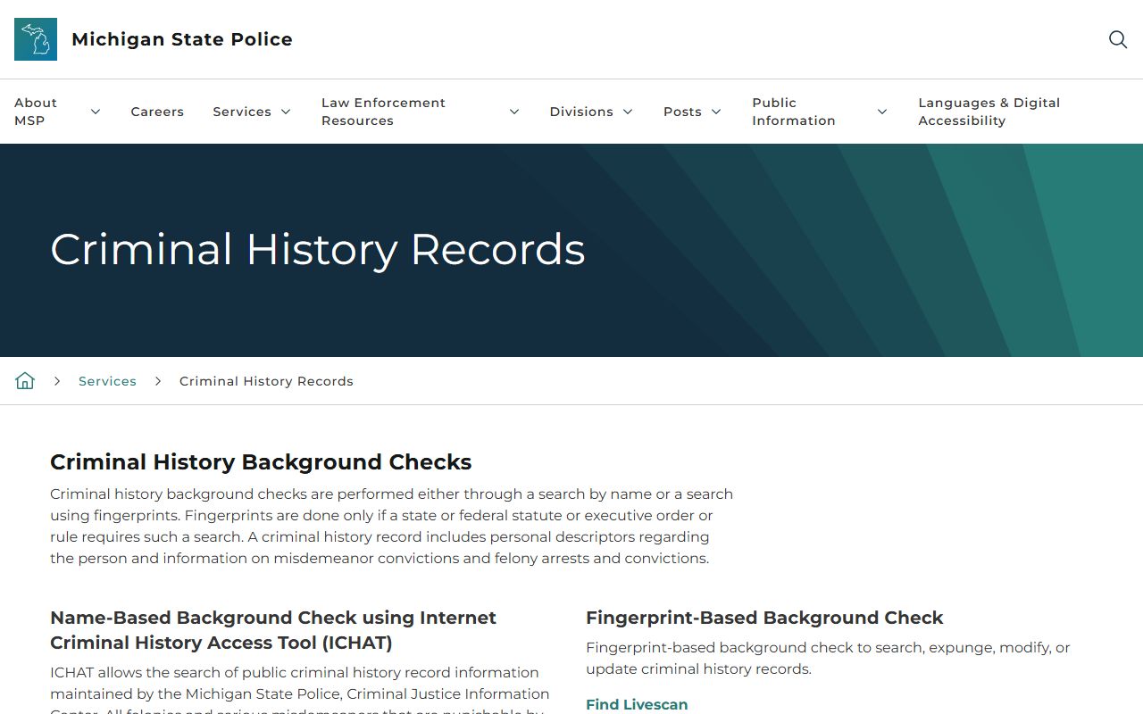 Livingston County traffic court records and Michigan State Police criminal history record page